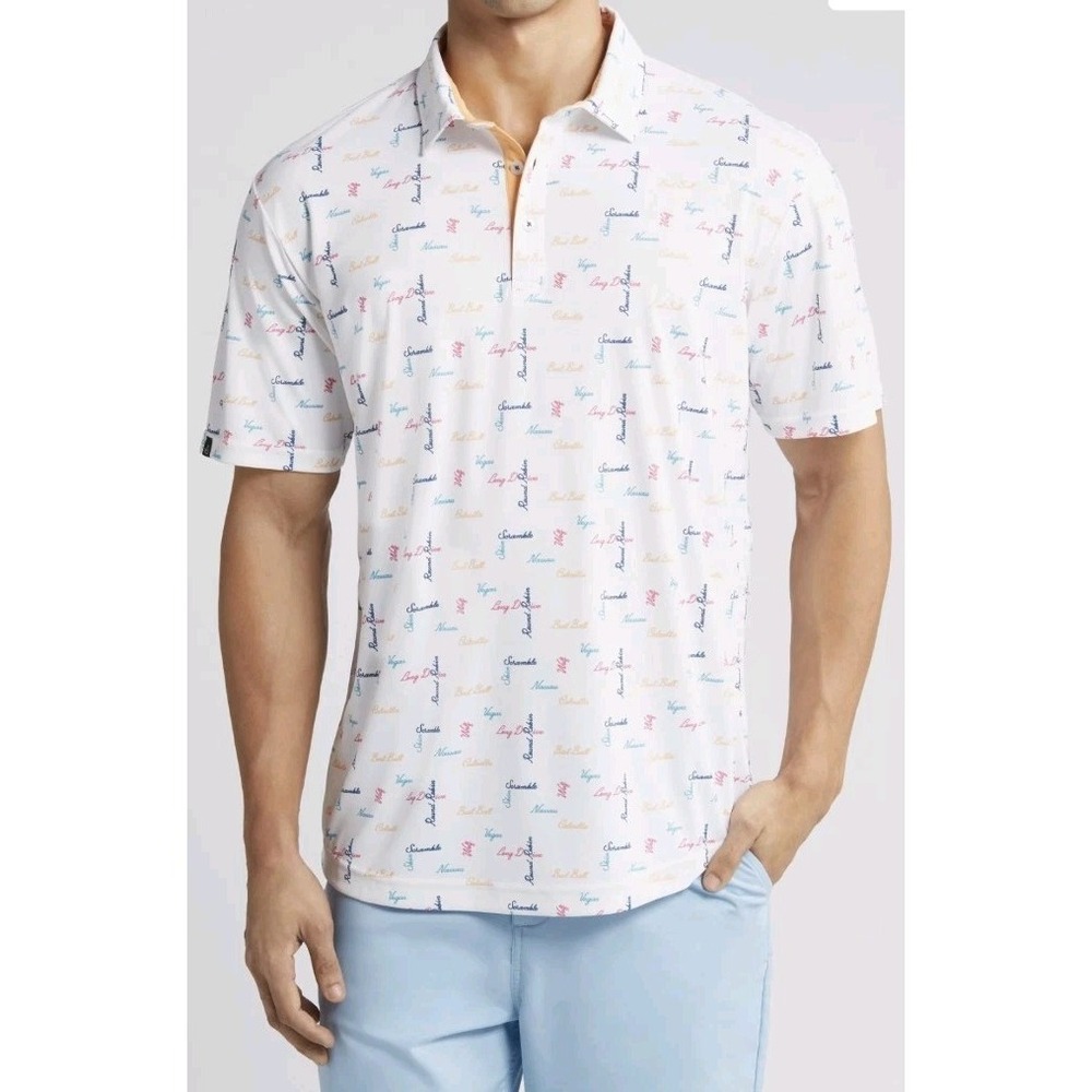 New Swannies Golf Polo Shirt Barber Men M White Logo Prints Performance